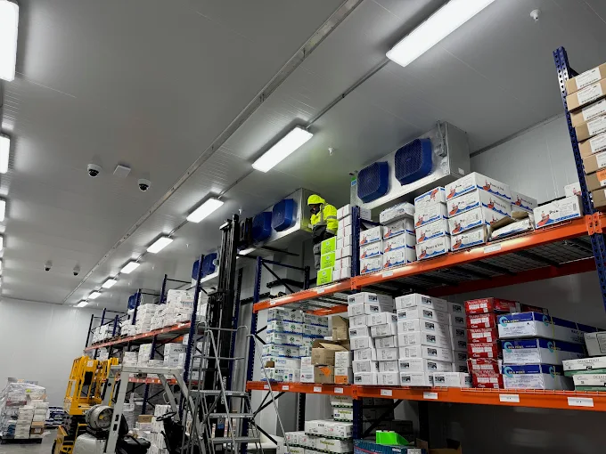 Stocked refrigerated warehouse with evaporators and pallet racking