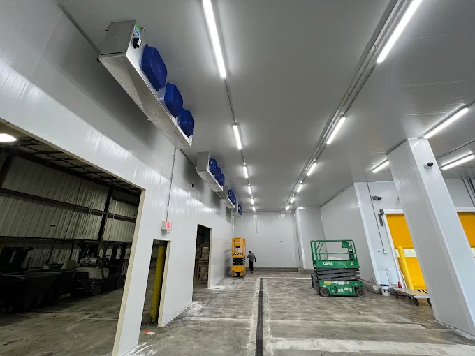 Commercial cold room build-out with evaporators and lighting